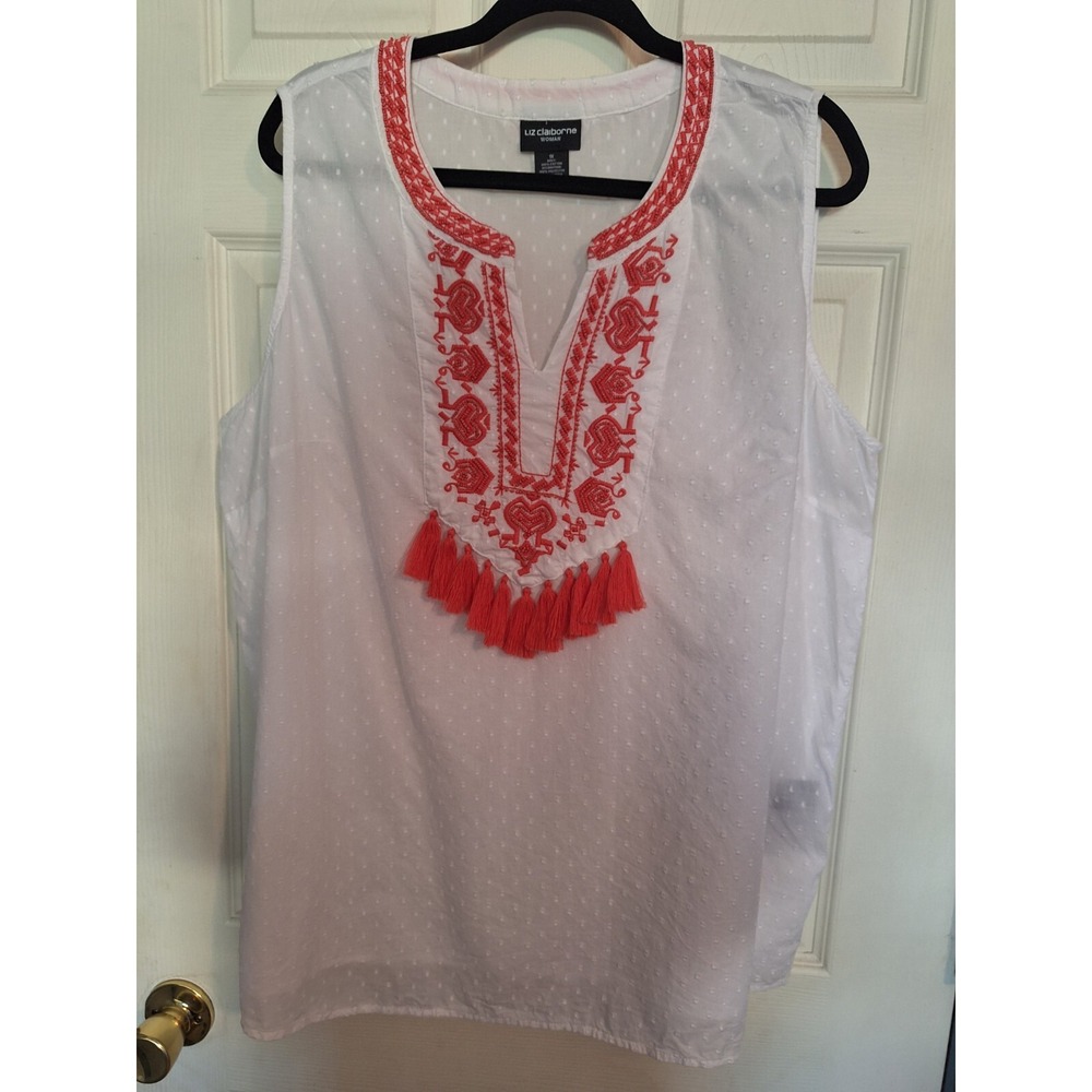 Liz Claiborne Woman Sleeveless Blouse 1X White Orange Embroidered Beaded Peasant